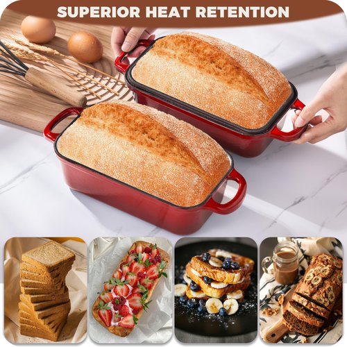 Articasting Cast Iron Bread Loaf Pan with Lid, 2 In 1 Loaf Pans for Baking Bread 9x5, Enameled Bread Pans for Homemade Bread, Sourdough, Even Heating Bread Dutch Oven, Red