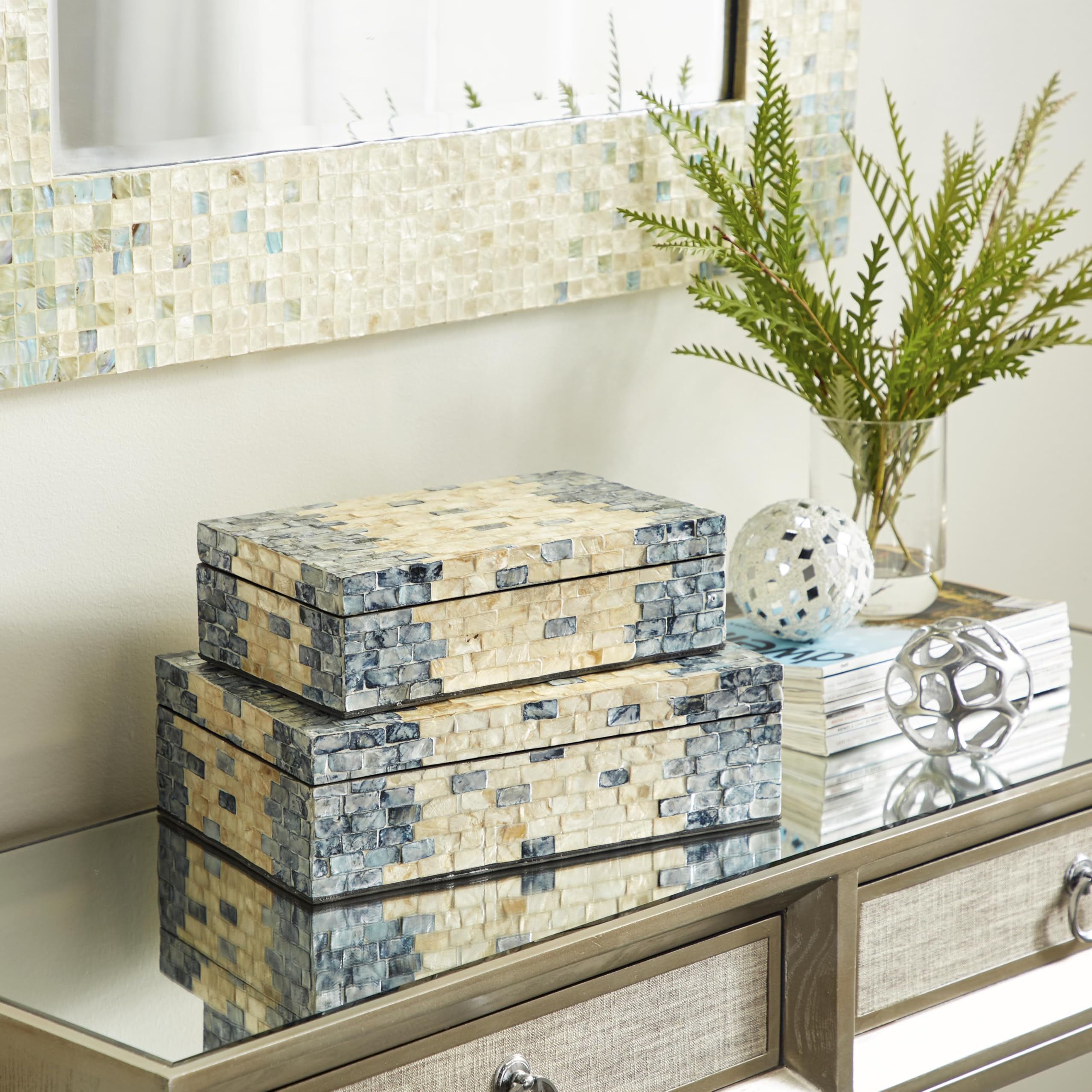 Deco 79 Mother of Pearl Shell Handmade Decorative Box Decorative Keepsake Boxes with Hinged Lid, Set of 2 Storage Boxes 14", 12"W, Blue