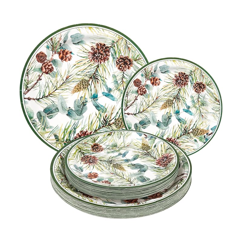Pine Cones Christmas Dinner & Dessert Plates 48ct - Eucalyptus, Winter Greenery 7in & 9in (Variation: Pine Cones)