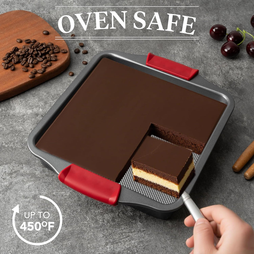 Tiawudi 9" Square Cake Pan Set - Heavy Duty Nonstick Bakeware with Diamond Texture & Silicone Grip Handles