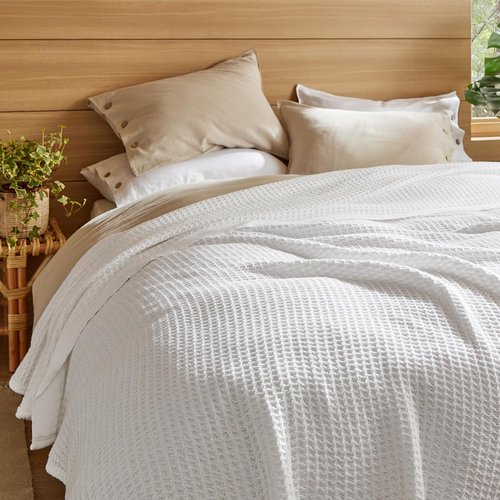 Bedsure Gentlesoft 100% Cotton Blanket - Cooling, Breathable Queen Size Waffle Weave, White, 90x90 Inches