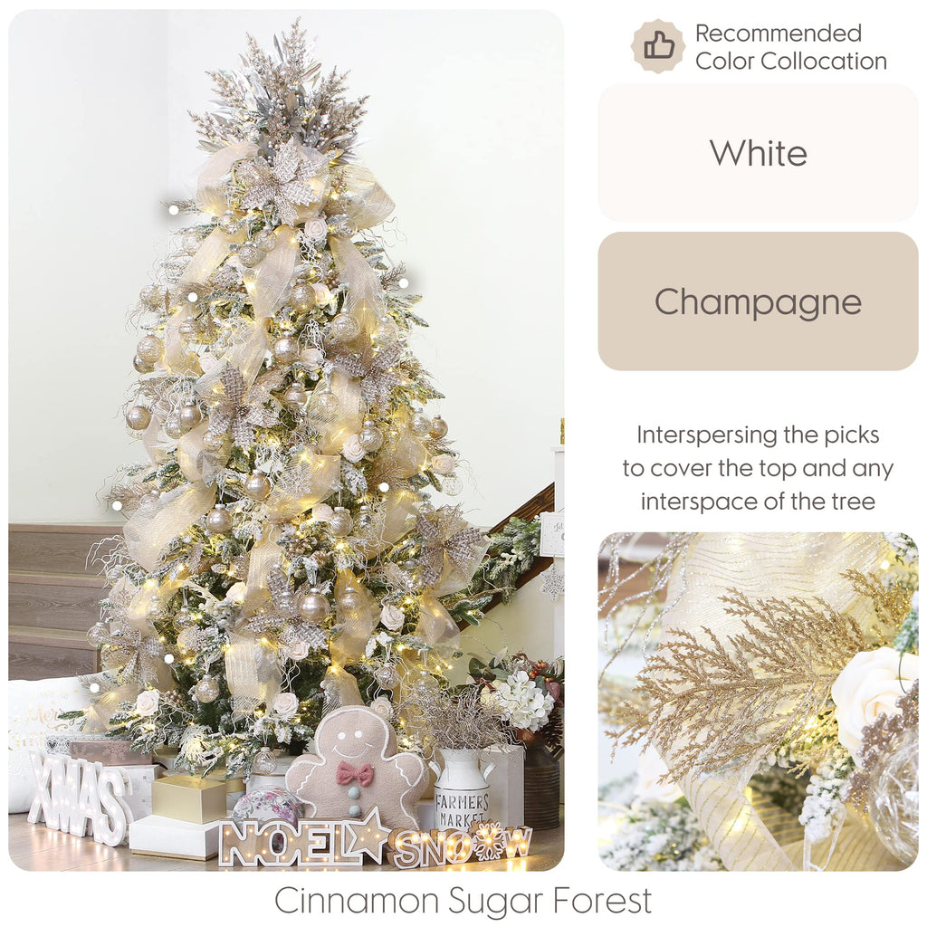 Sea Team 24-Pack Artificial Glitter Pine Tree Twig Ornaments, Decorative Sticks, Glittery Stems, Picks, Branches for Christmas Tree, Small Vase, Holiday, Wedding, Party (14 Inches, Champagne)