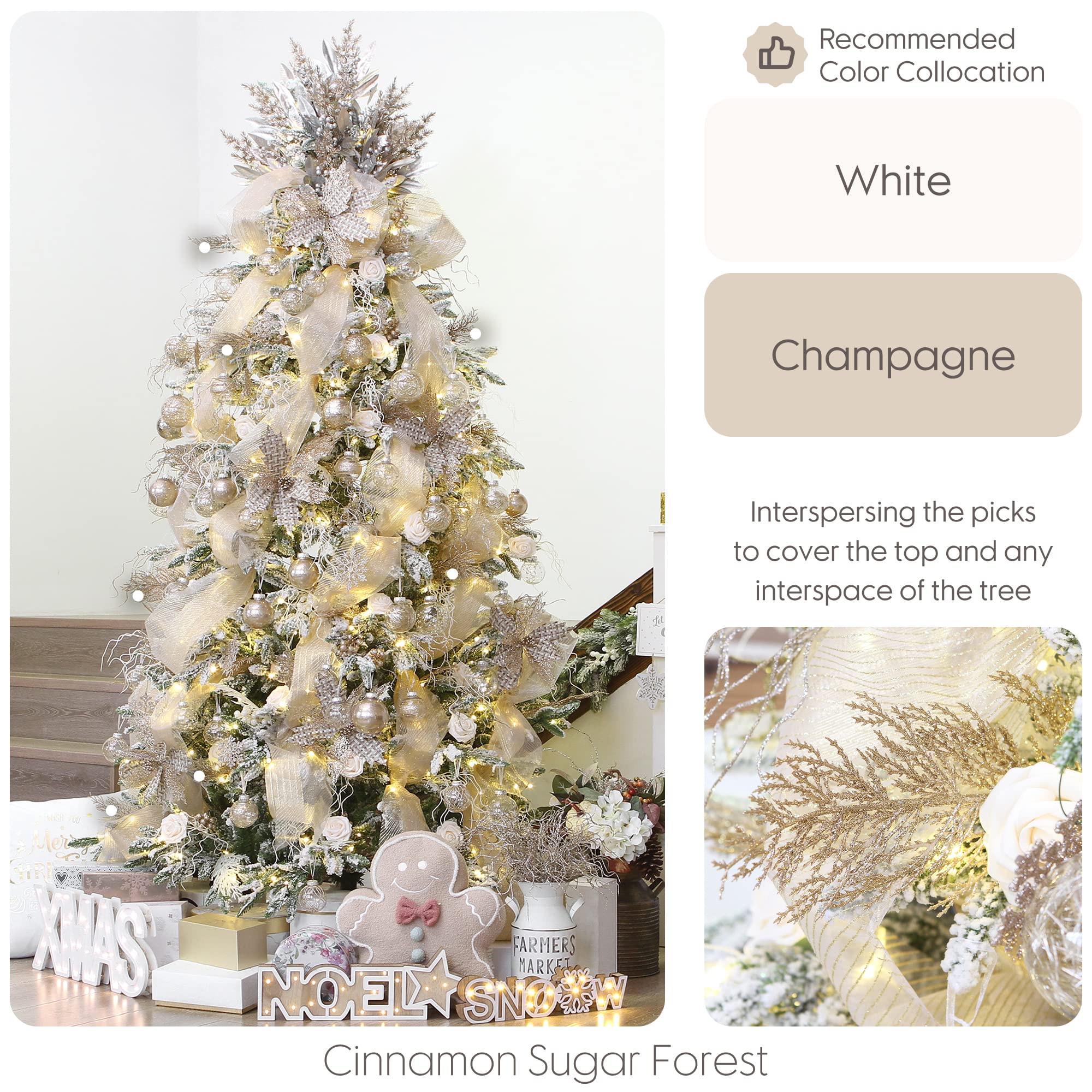 Sea Team 24-Pack Artificial Glitter Pine Tree Twig Ornaments, Decorative Sticks, Glittery Stems, Picks, Branches for Christmas Tree, Small Vase, Holiday, Wedding, Party (14 Inches, Champagne)