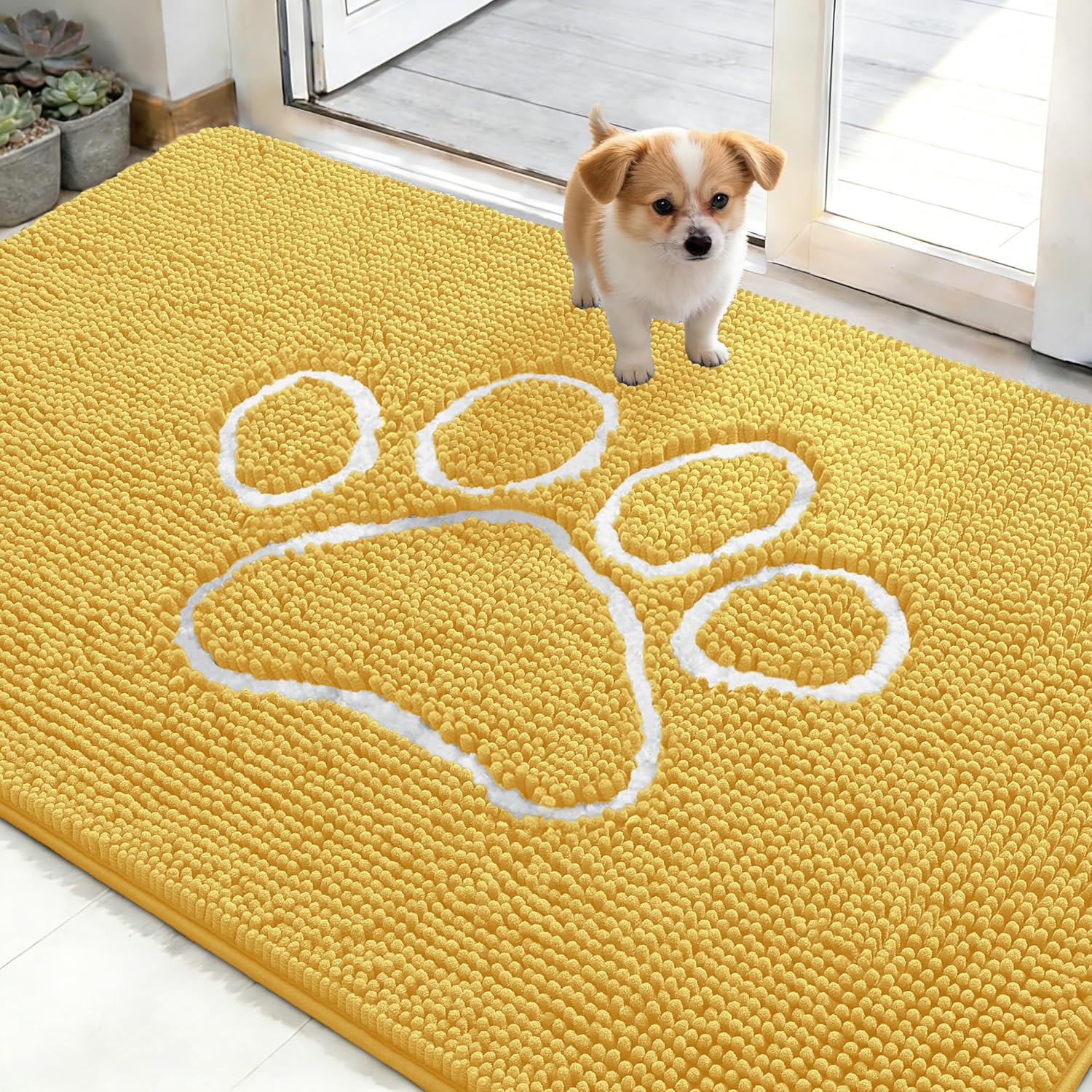OLANLY Dog Door Mat - Absorbent Non-Slip Mud Mat for Muddy Paws | 48x30, Paw Print Design, Quick Dry Yellow