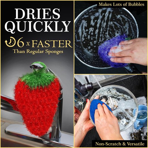 Fun Dish Scrubber by Dish Scrubbie (3PK Mix) - Fruit Shaped Kitchen Sponge Washing Dishes - Reusable Sponges for Scrubbing, Cleaning, Dishwashing - No Odor Sponges Kitchen Scrubbers