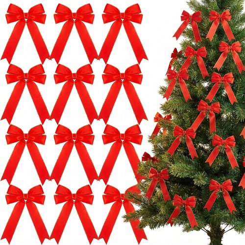MCPINKY 20PCS Red Satin Bows for Christmas Tree, Glitter Gold Edged Xmas Ornaments – Perfect for Wreaths, Gifts, Bottles, Bags, and Holiday Decor