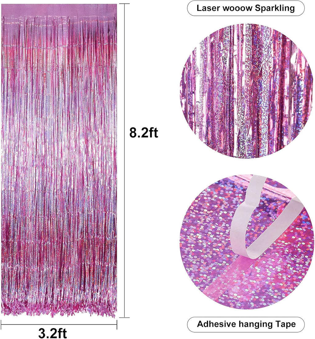 Skylety Purple Fringe Backdrop Curtains - 4 Pack Tinsel Foil Streamers for Party Decor | 3.2 x 8.2 Feet