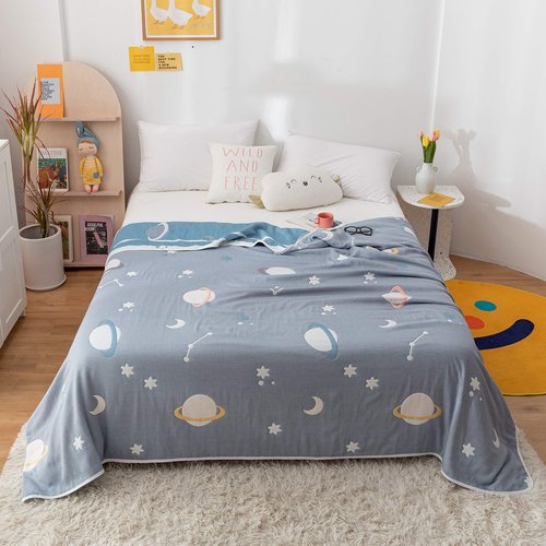 J-pinno Planet Stars Muslin Blanket Reversible 100% Cotton 6 Layer Quilt Bed Blanket Soft Warm Throw Sofa Couch Toddler Kids Boys Cartoon Travel Coverlet Sheet (Universe, Twin 58" X 80")