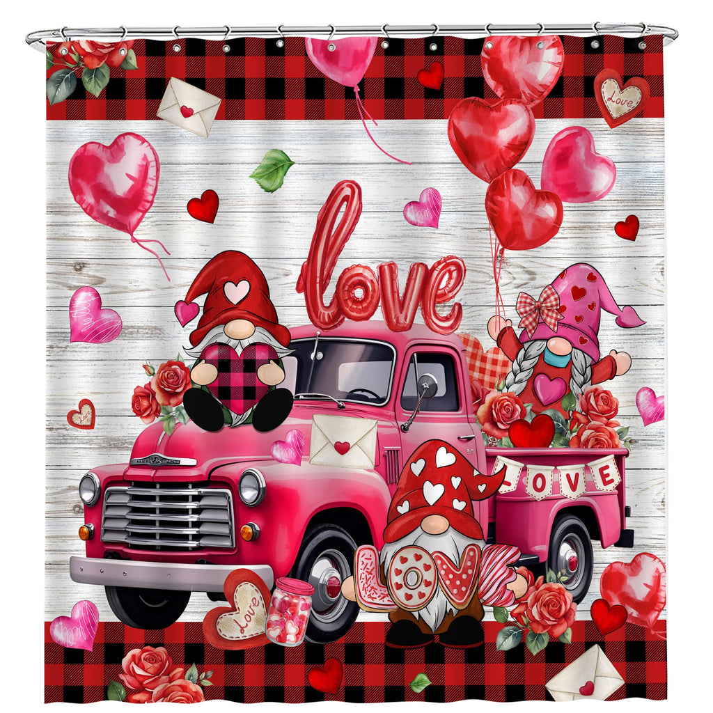 Unibyby Valentines Day Shower Curtain, Valentine Curtain for Bathroom, Red Valentine's Truck and Gnomes with Buffalo Plaid Waterproof Bath Curtains with Hooks for Decorations Gifts, 71x71 Inches