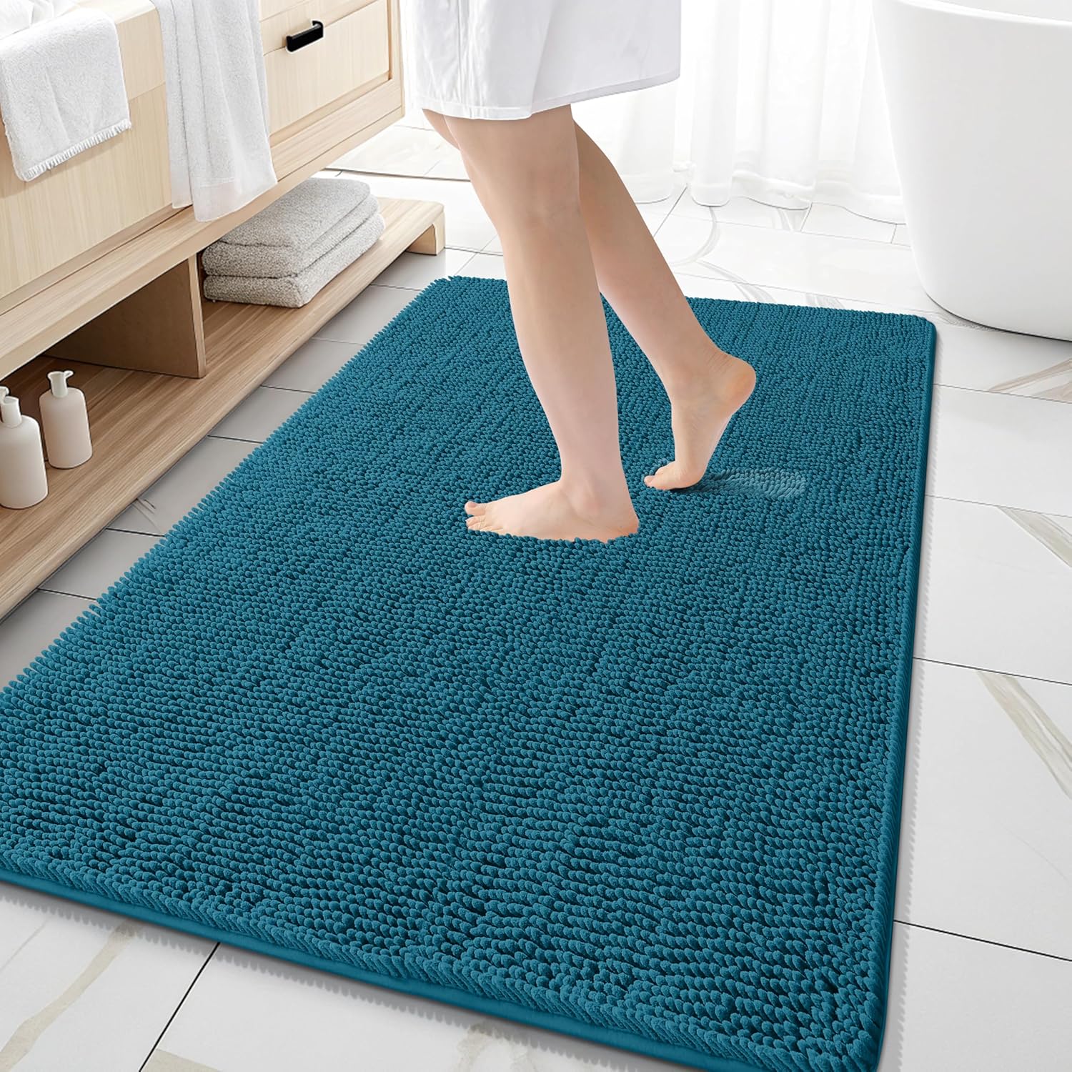 OLANLY Large Bath Rugs - Extra Soft Chenille with Quick-Dry Rubber Backing | 59x35, Peacock Blue
