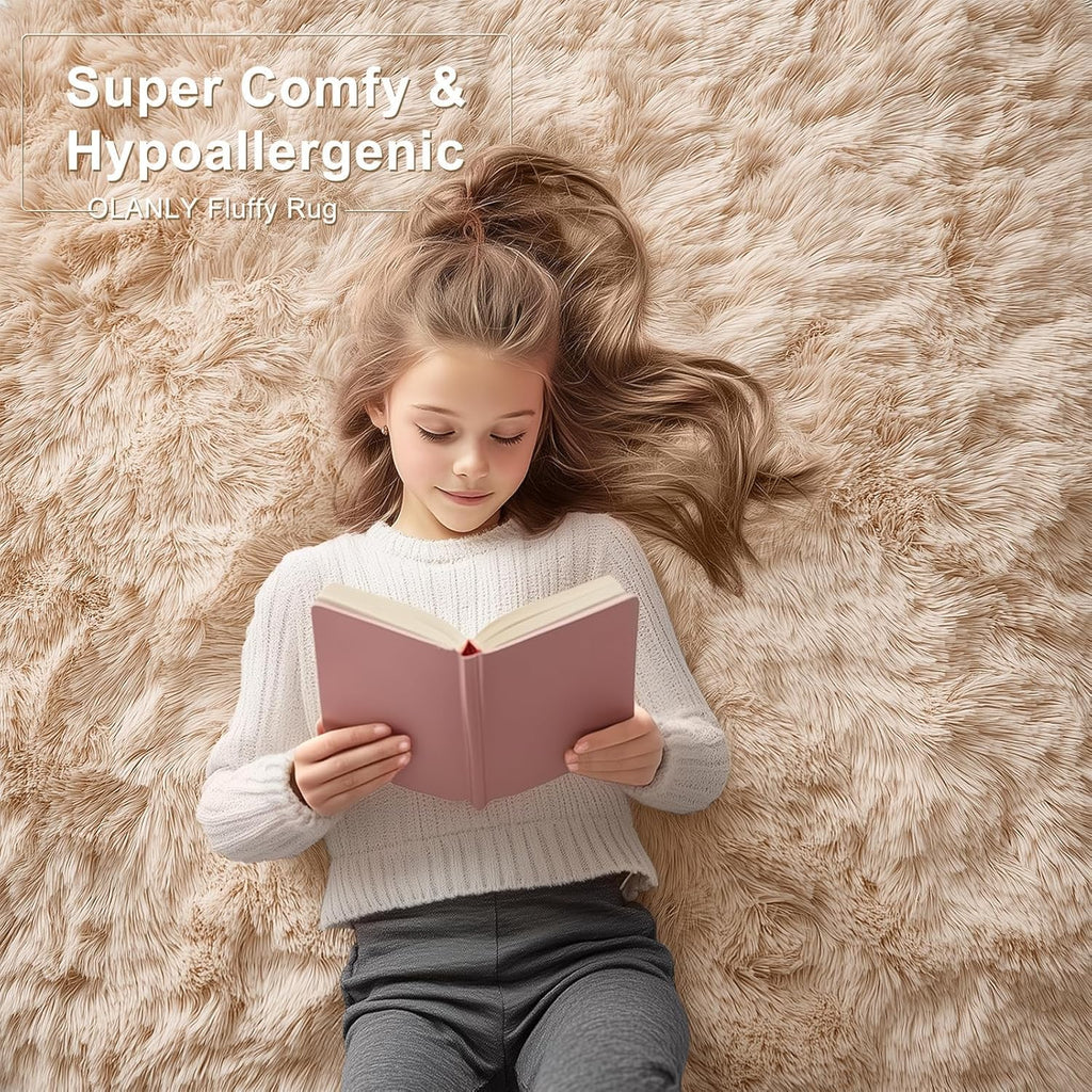 OLANLY 5x5 Area Rug - Soft, Fluffy Shaggy Design for Living Room & Bedroom | Machine Washable, Beige