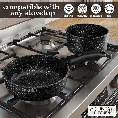 Country Kitchen Cookware Set - Removable Handle, Oven & RV Safe Pots and Pans, Black