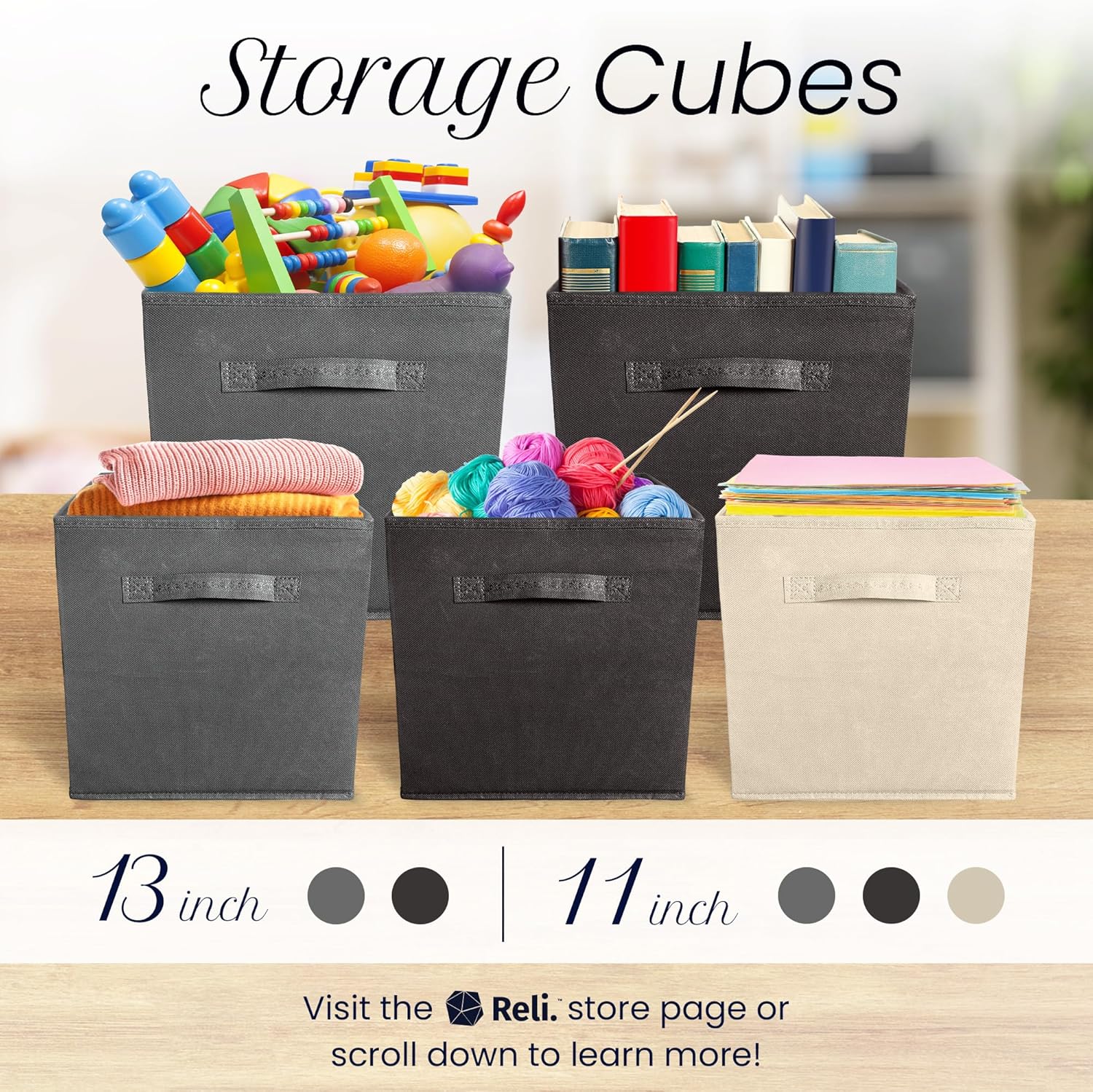 Reli. 11-Inch Cube Storage Bins - Collapsible Fabric Organizer Bins (4 Pack) | Dark Gray Cubby Boxes
