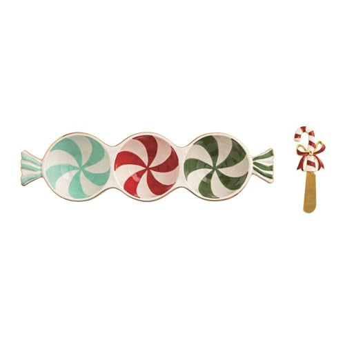 Christmas Peppermint Triple Tidbit Ceramic Dish Set with Spreader