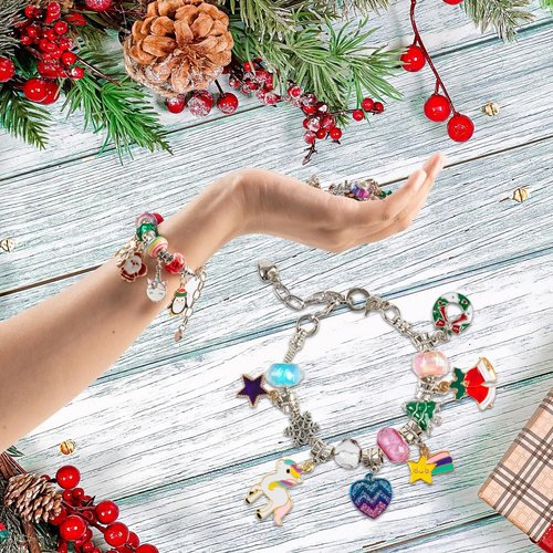 OuMuaMua Christmas Advent Calendar Charm Bracelets 2025 for Girls Kids, 24 Days Christmas Unicorn Countdown Calendar with 2pcs DIY Charm Bracelets Kit for Girls Kids Teens Adult Women