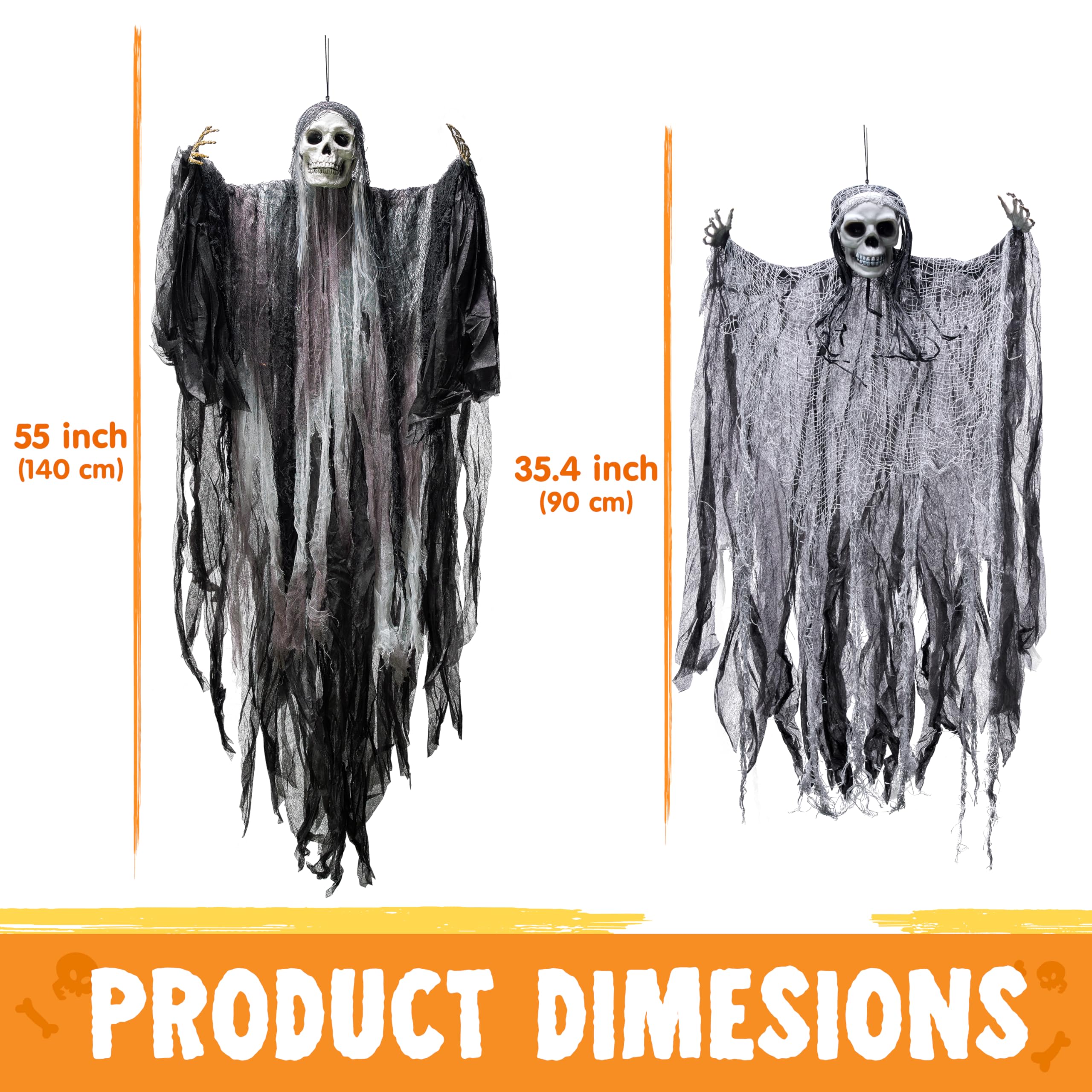 JOYIN 2 Pcs Halloween Hanging Grim Reaper Decorations Outdoor, Halloween Hanging Skeleton Ghosts Scary Decor for Yard Patio Outside Lawn Garden, Haunted House Prop, Party Supplies