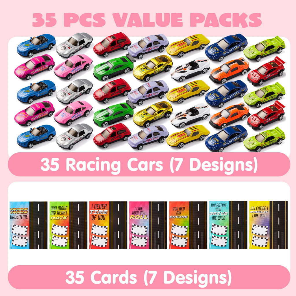 JOYIN 35 Valentines Day Die-Cast Racing Cars Gift Cards for Kids with Valentine’s School Classroom Exchange Greeting Cards, Vehicle Party Favor Toy Supplies