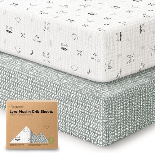 KeaBabies 2-Pack Muslin Crib Sheets - 100% Organic Cotton, Soft & Breathable, Neutral 52x28