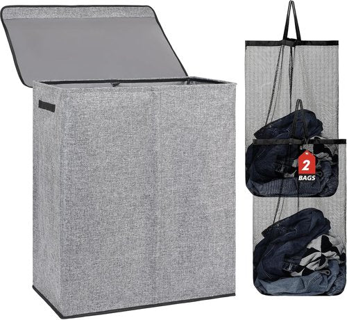 DOKEHOM 150L Double Laundry Basket - Collapsible Hamper with Lid & Removable Bags | Grey