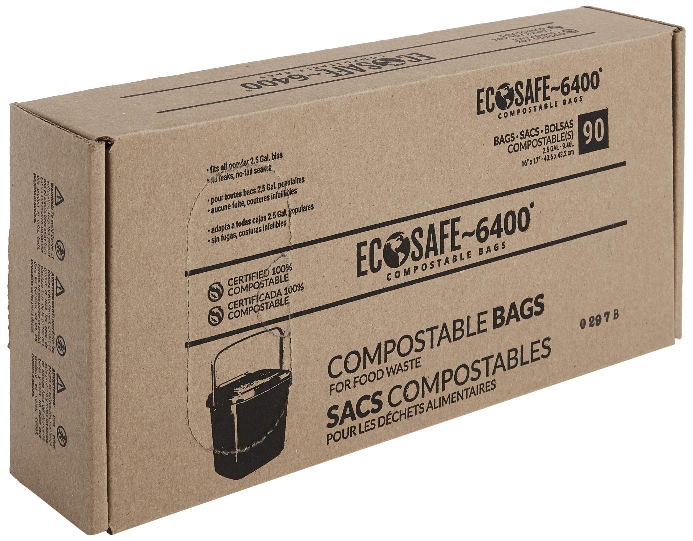 EcoSafe-6400 CP1617-6 Certified Compostable Bag - 16x17” Green Bags for 2.5 Gallon Bin - Extra Strong Leak, Puncture and Tear Resistant Food Scraps Bin Liners, Pack of 90
