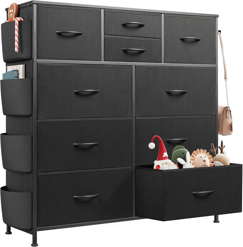 WLIVE Dresser - 10 Drawer Fabric Chest with Side Pockets & Hooks | Sturdy Metal Frame, Black