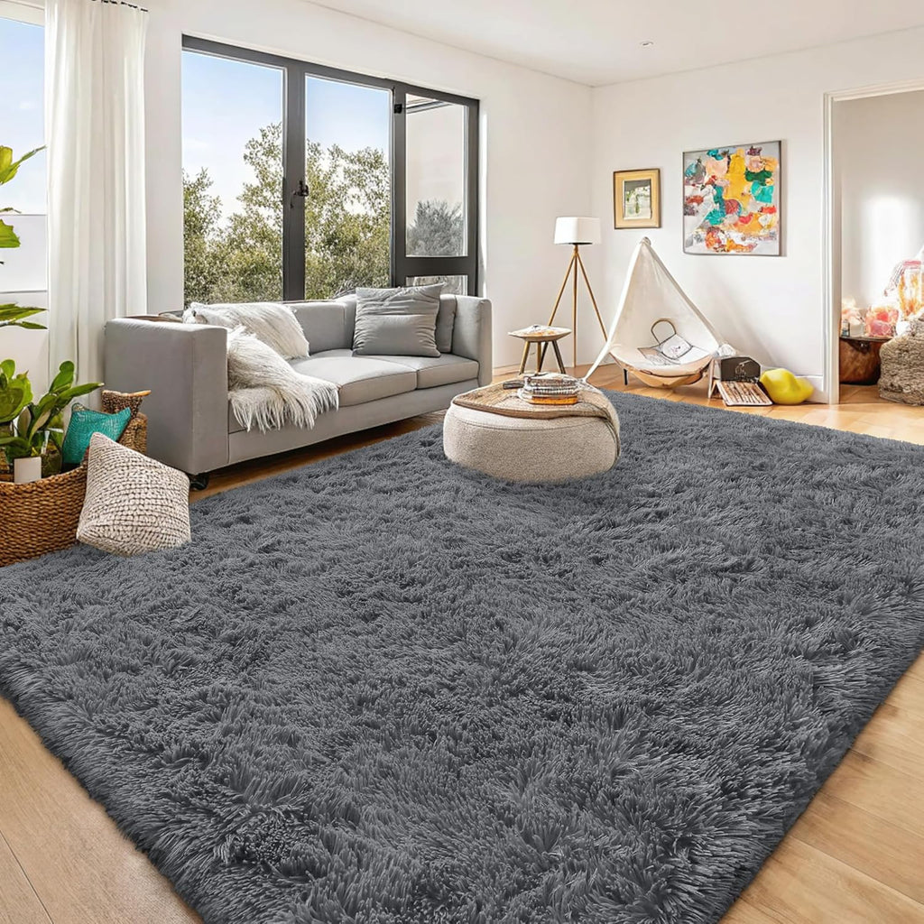 OLANLY Large Area Rug - Soft Fluffy Shaggy Indoor Carpet for Living Room & Bedroom | 8x8 Grey