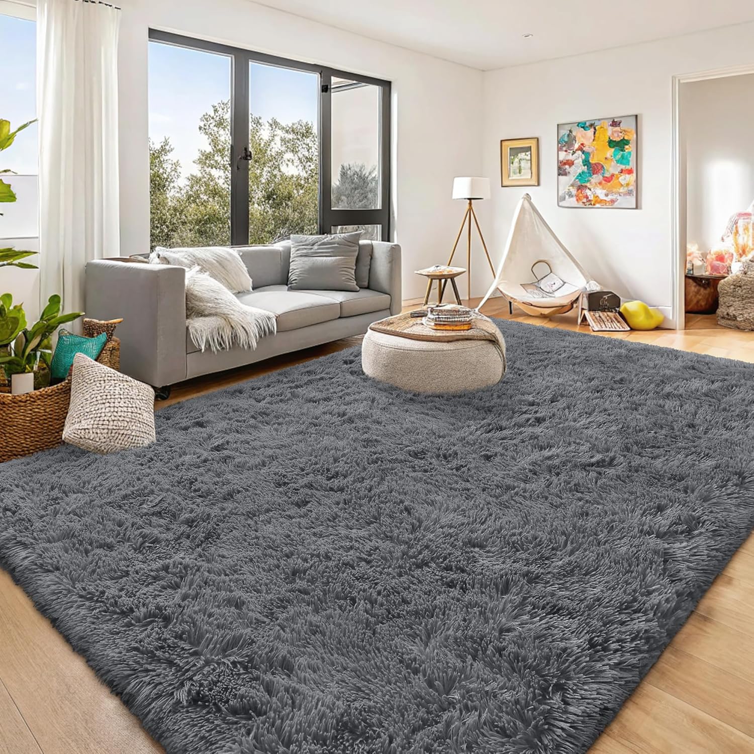 OLANLY Large Area Rug - Soft Fluffy Shaggy Indoor Carpet for Living Room & Bedroom | 8x8 Grey