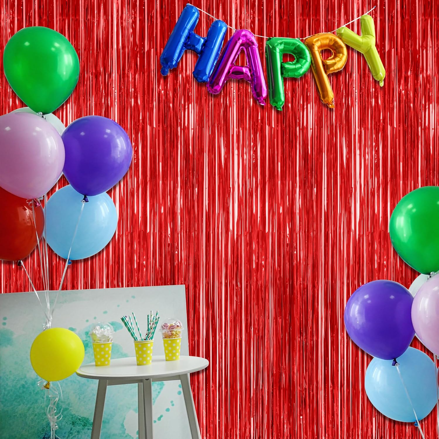 Red Backdrop by Party Essentials - 8 Pack Metallic Foil Fringe Curtains | 3.28 FT x 7.05 FT for Photo Booths & Parties