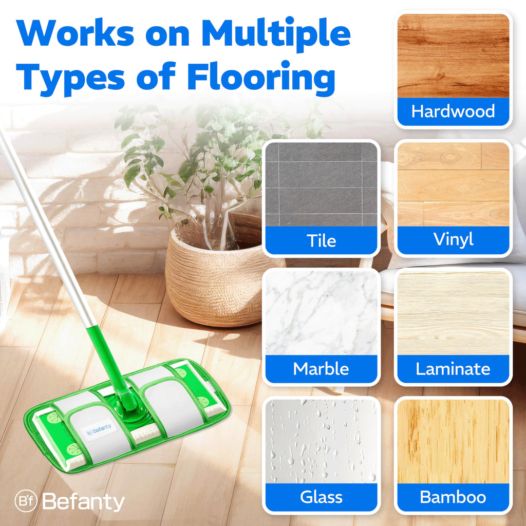 Befanty 4 Pack Reusable Microfiber Mop Pads, Compatible with Swiffer Sweeper, Machine Washable Cloths, Scraper Included, Refills for All Floor Cleaning, Hook and Loop, Wet Dry - 10"- 12"
