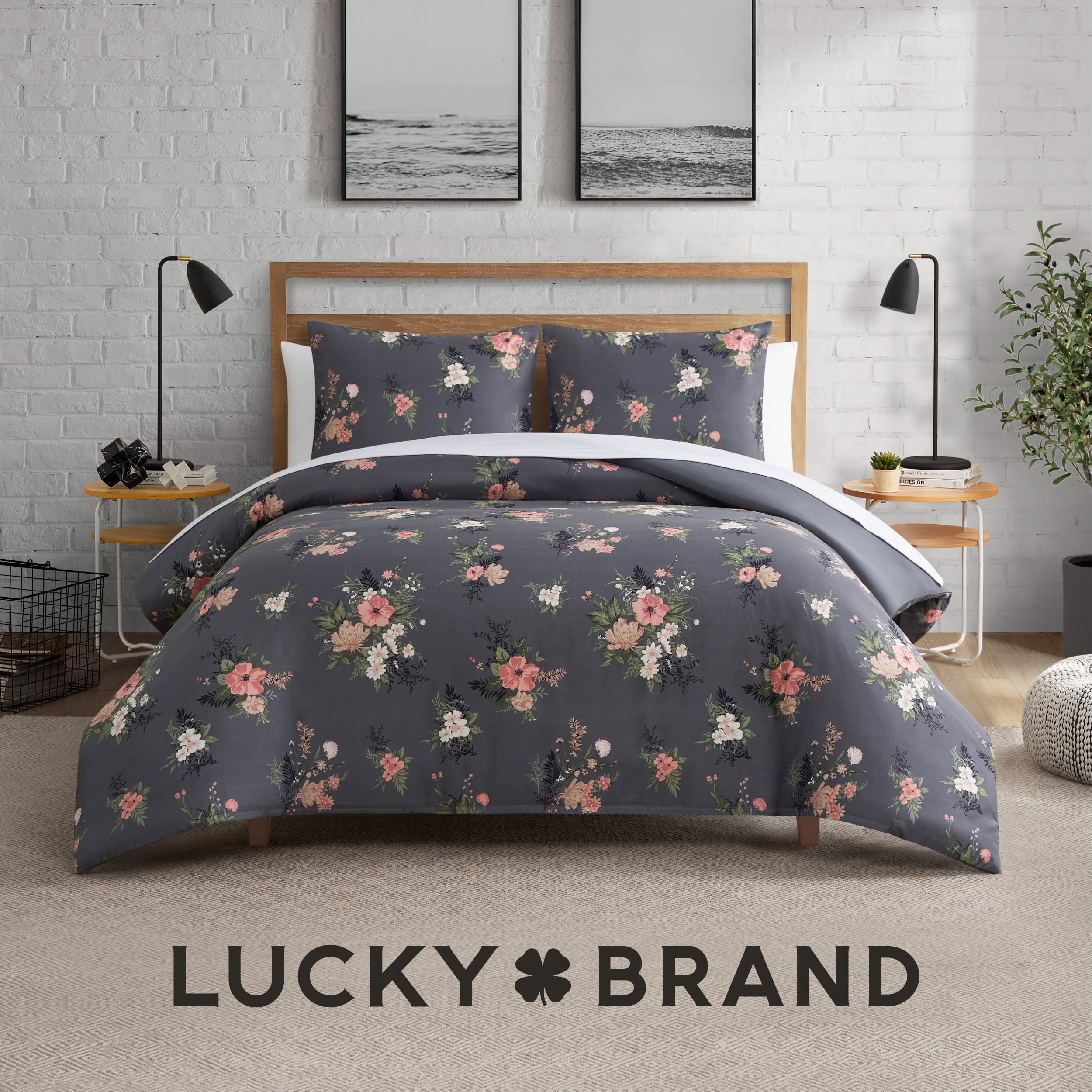 Lucky Brand Cali Bouquet Floral Dark Grey Duvet Cover Set - Twin/Twin XL Size - 2 Piece Luxurious Bedding Ensemble