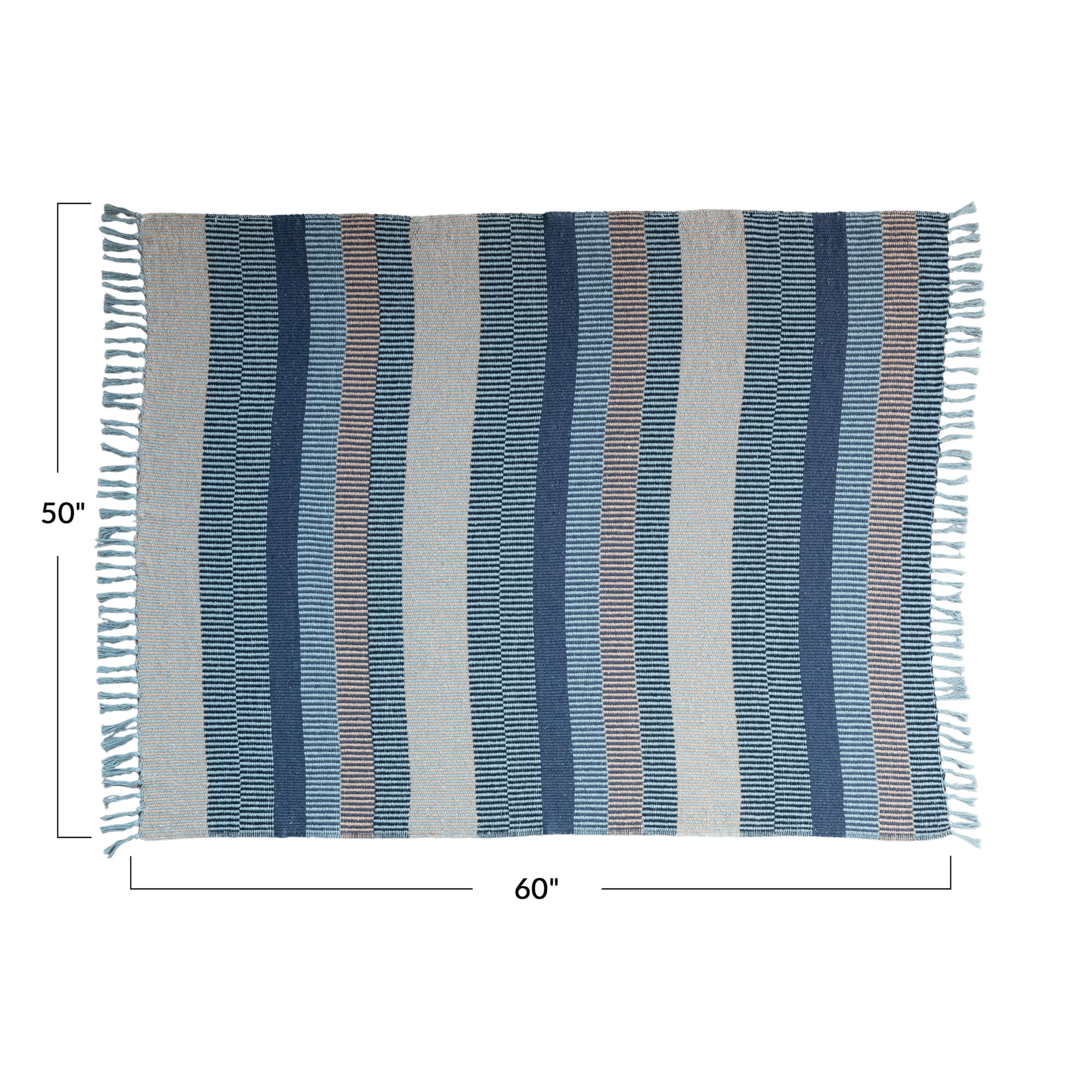 Creative Co-Op Striped Cotton Blend Throw with Fringe, Blue and Cream
