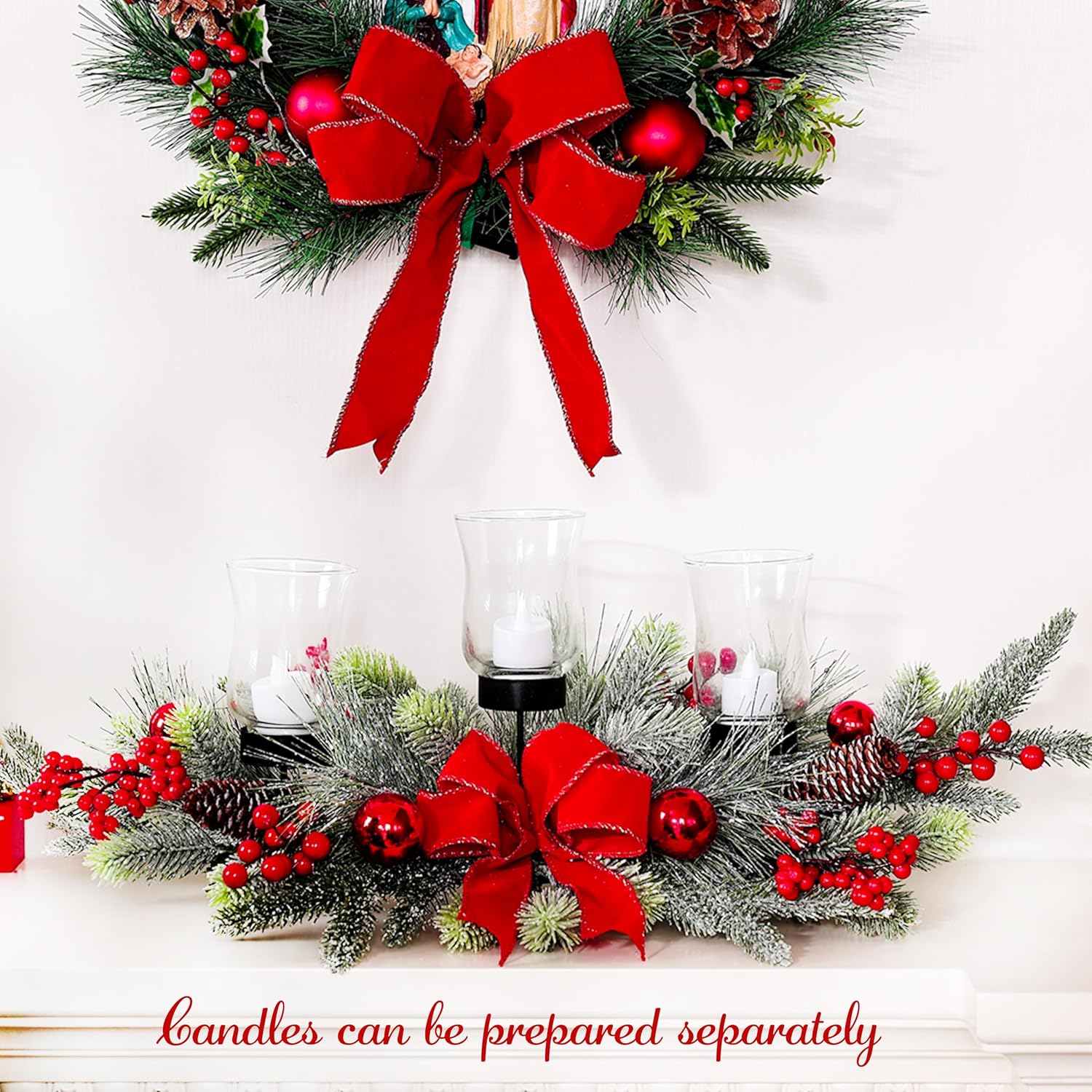 Regine Switzerland Red Christmas Table Centerpiece - Cedar Decoration with 3 Candlestick Glass Cups & Red Berries