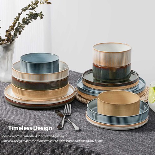 LIANYU Dinnerware Stoneware Sets with Pasta Bowls, 16 Piece Plates and Bowls Set for 4, Ribbed Dishes Set for Home, Microwave and Dishwasher Safe, Four-color