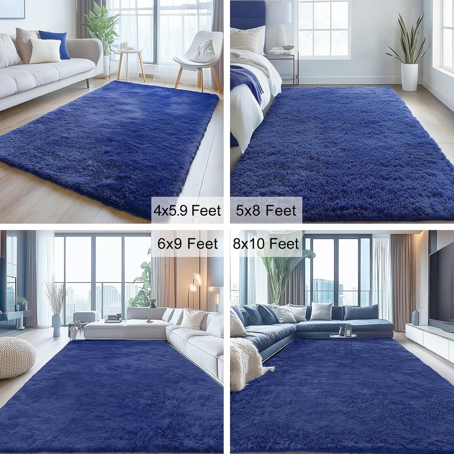 OLANLY 4x4 Soft Fluffy Shaggy Accent Rug - Machine Washable Indoor Carpet for Bedroom & Nursery, Navy Blue