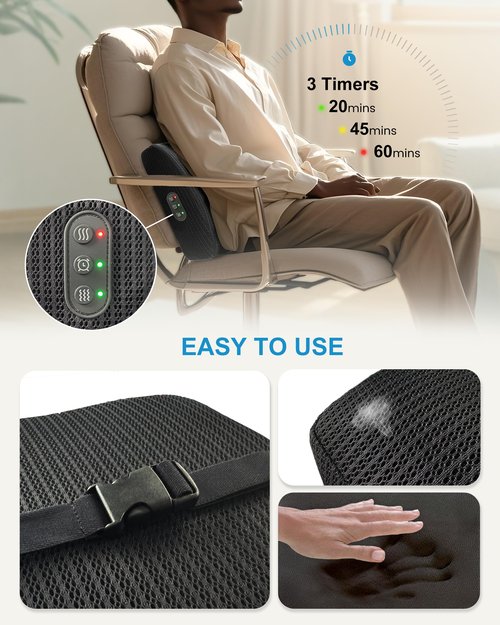 Beleduc Lumbar Support Pillow for Office Chair - Heated Back Support Pillow with Vibration Massage, Ergonomic Back Massager for Chair, Adjustable Vibration, 2 Heat Levels, Gifts