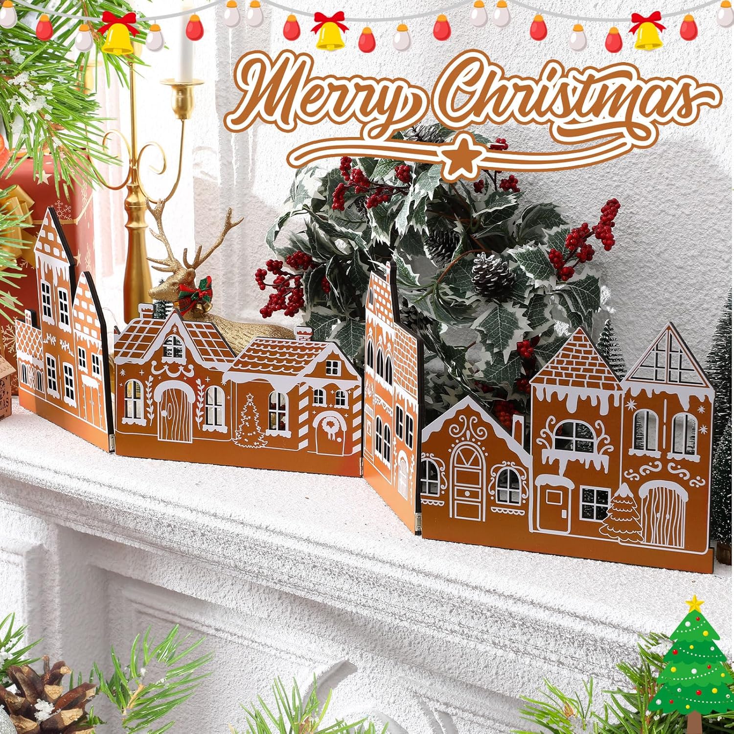 Thyle Wooden Christmas Houses Set - Rustic Gingerbread House Decor for Tabletop & Shelf | Xmas Village Centerpiece
