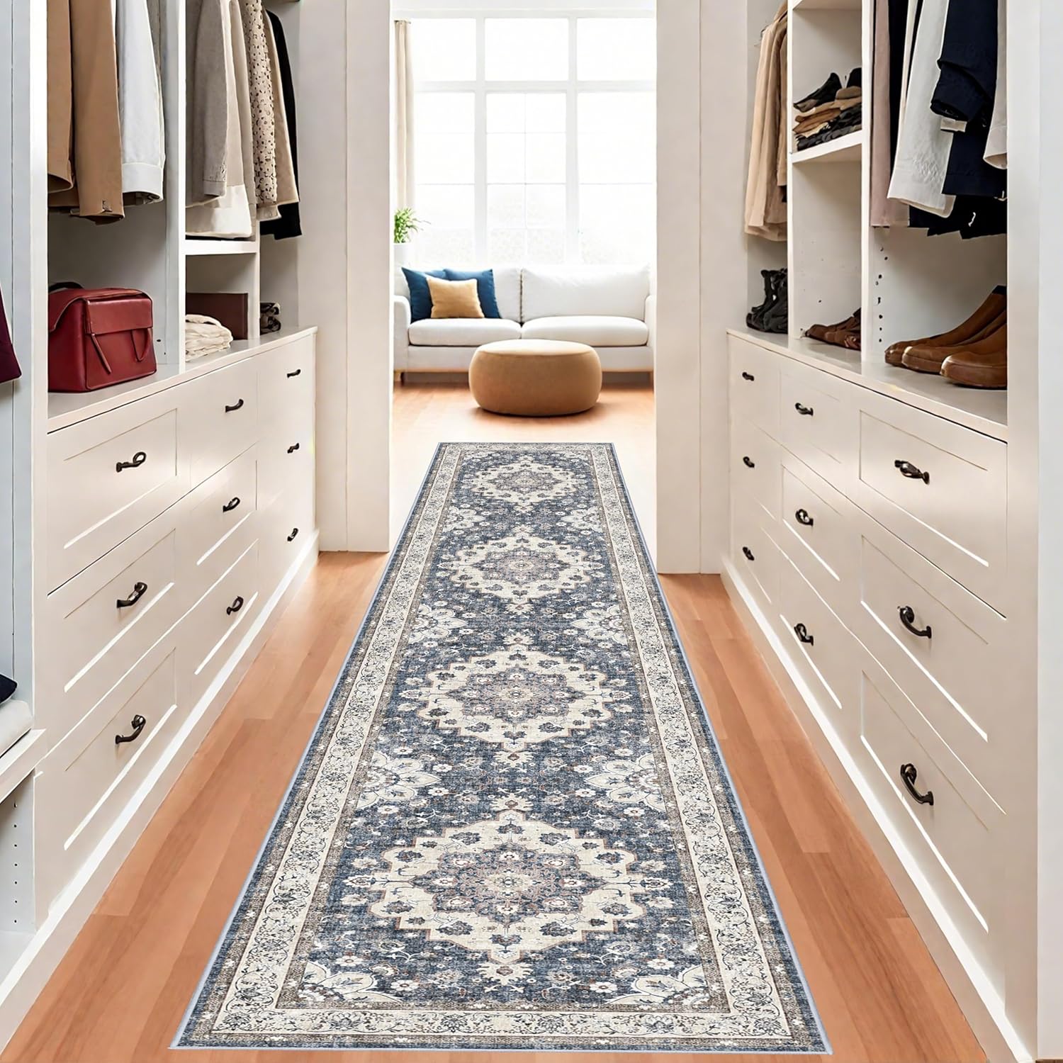 Skiennix Washable 3x12 Hallway Runner Rug - Floral Non-Slip Entryway Carpet | Stain Resistant Blue Mat