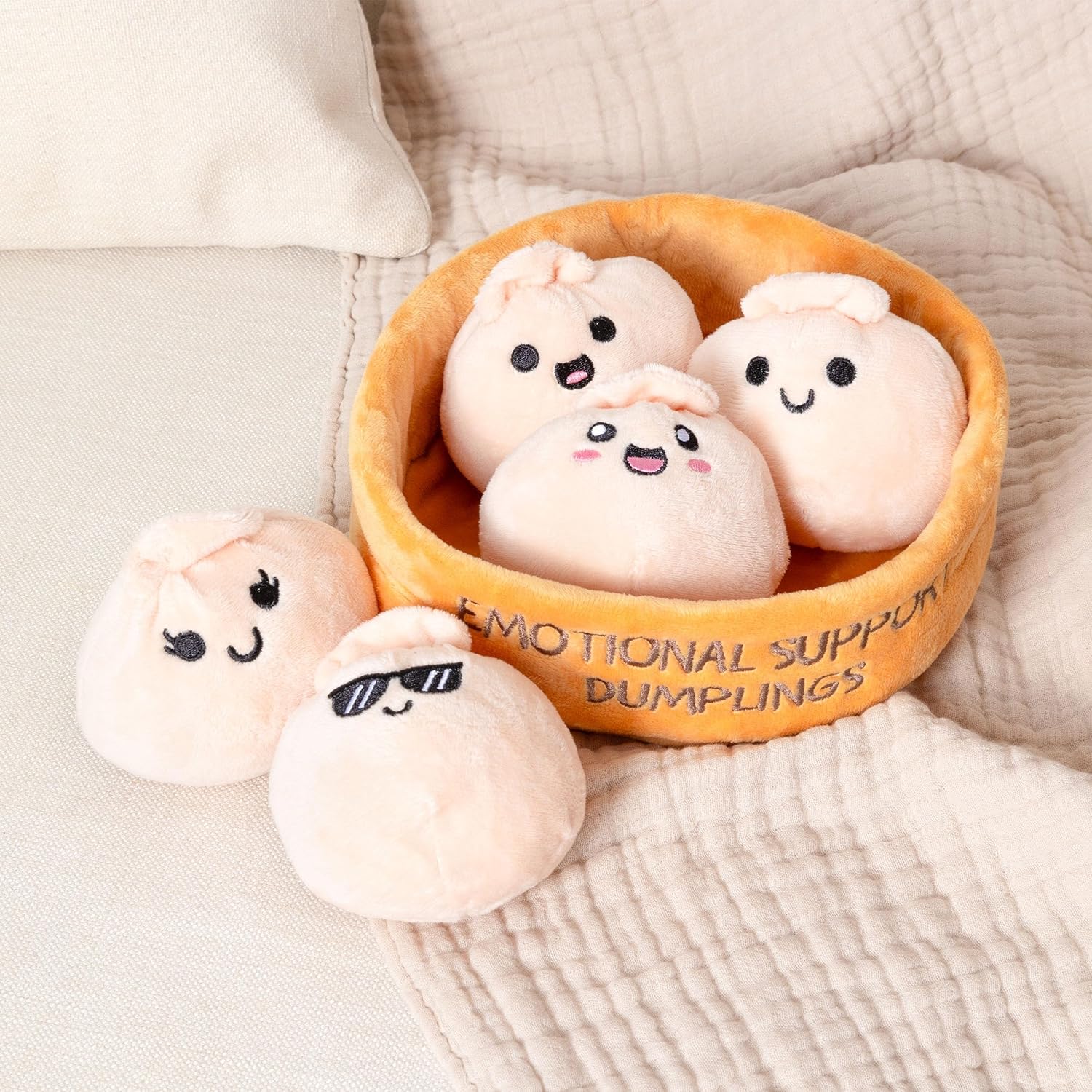 WHAT DO YOU MEME? Emotional Support Dumplings | Cuddly Plush Toy Set with 5 Dumplings & Basket for Mom