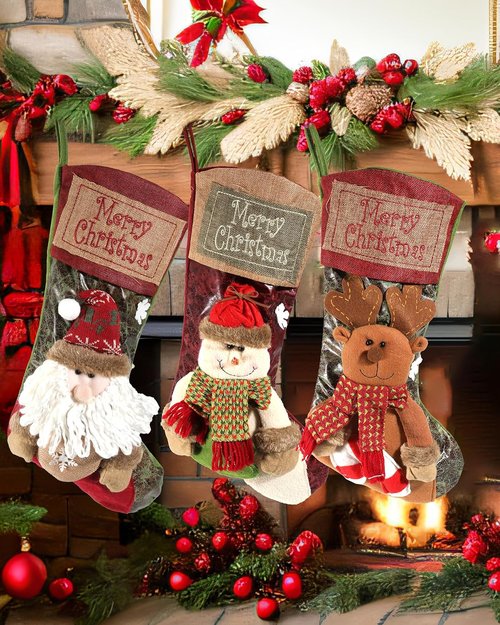 iStatue Large Christmas Stockings - 18'' Tall 3D Plush Fabric with Deer Ornaments | Personalized Xmas Gift Bag for Kids & Adults