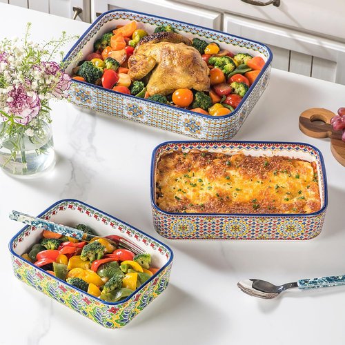 Boho Style Ceramic Baking Dishes Set of 3 | Rectangular Casserole Dishes for Oven, Roasting & Serving
