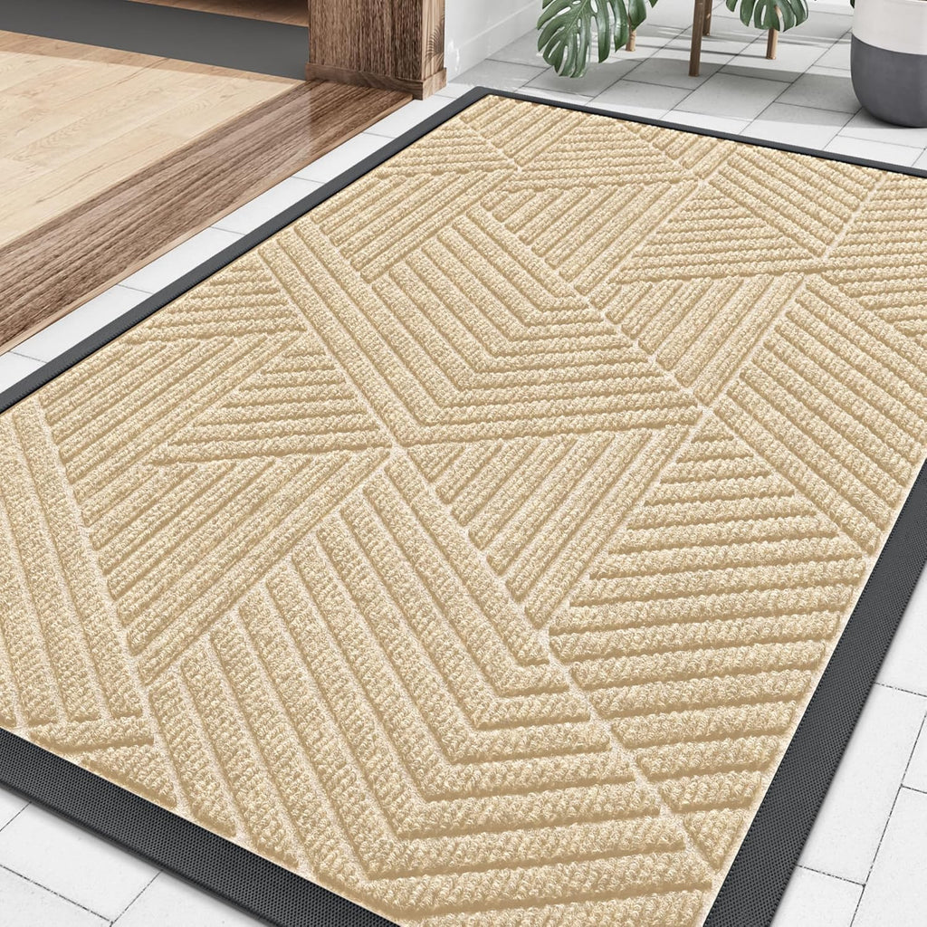 Smiry Heavy-Duty Natural Rubber Front Door Mat - Traps Dirt & Moisture | Easy Clean Low Profile (29.5x17, Beige)