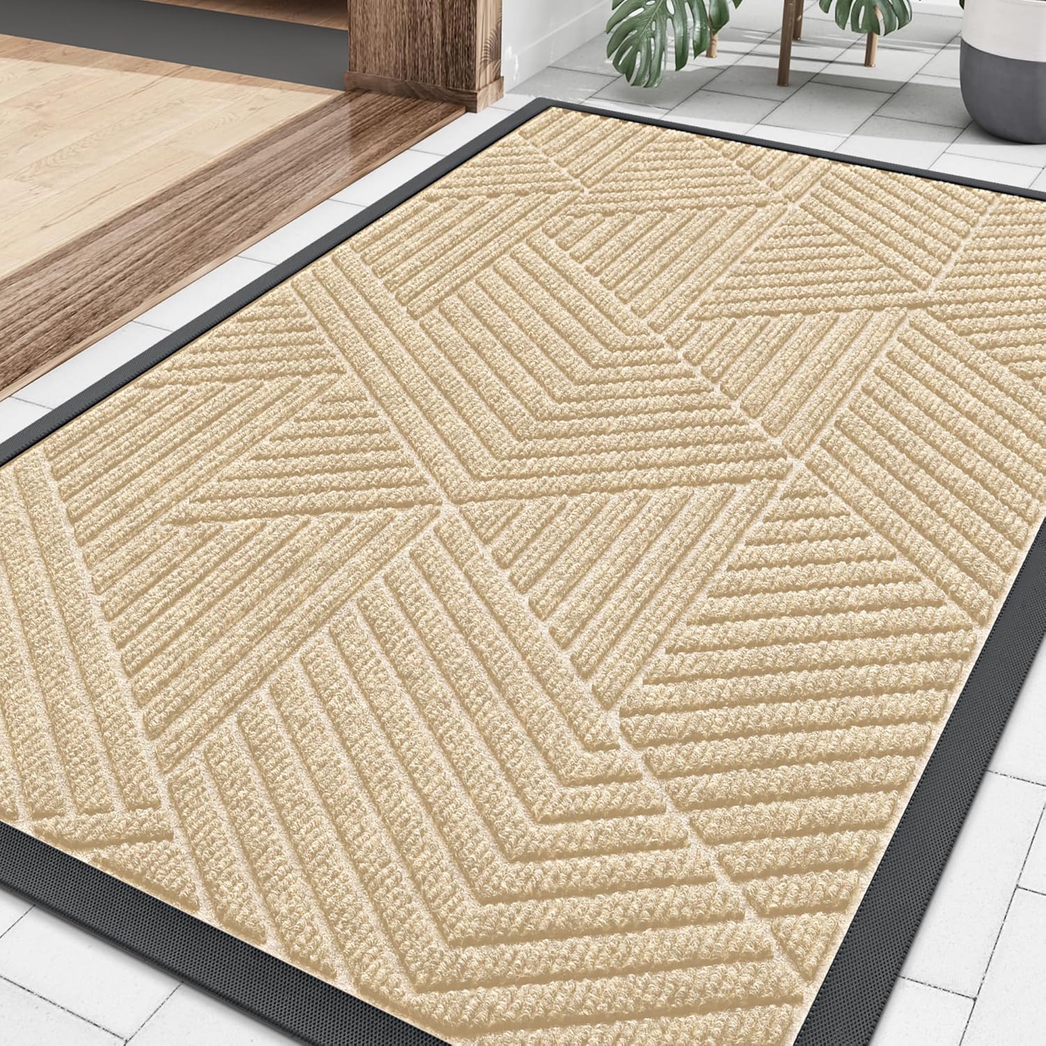 Smiry Heavy-Duty Natural Rubber Front Door Mat - Traps Dirt & Moisture | Easy Clean Low Profile (29.5x17, Beige)