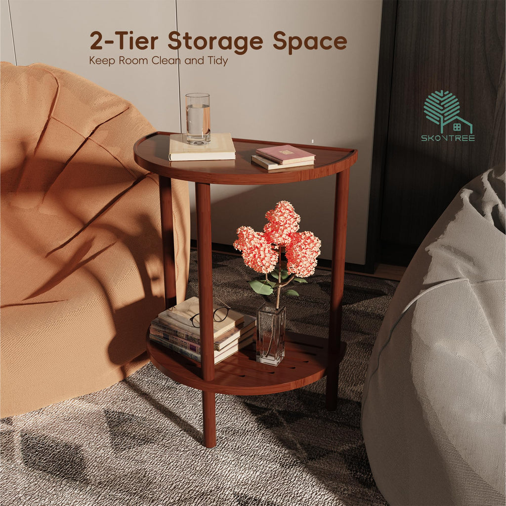 Skovtree End Table, Half Moon Side Tables, Living Room Half Round 2 Tier Tables, NightStand for Small Space in Living Room Bedroom, Couch Tables with Storage Shelf, Boho Side Table (Brown)