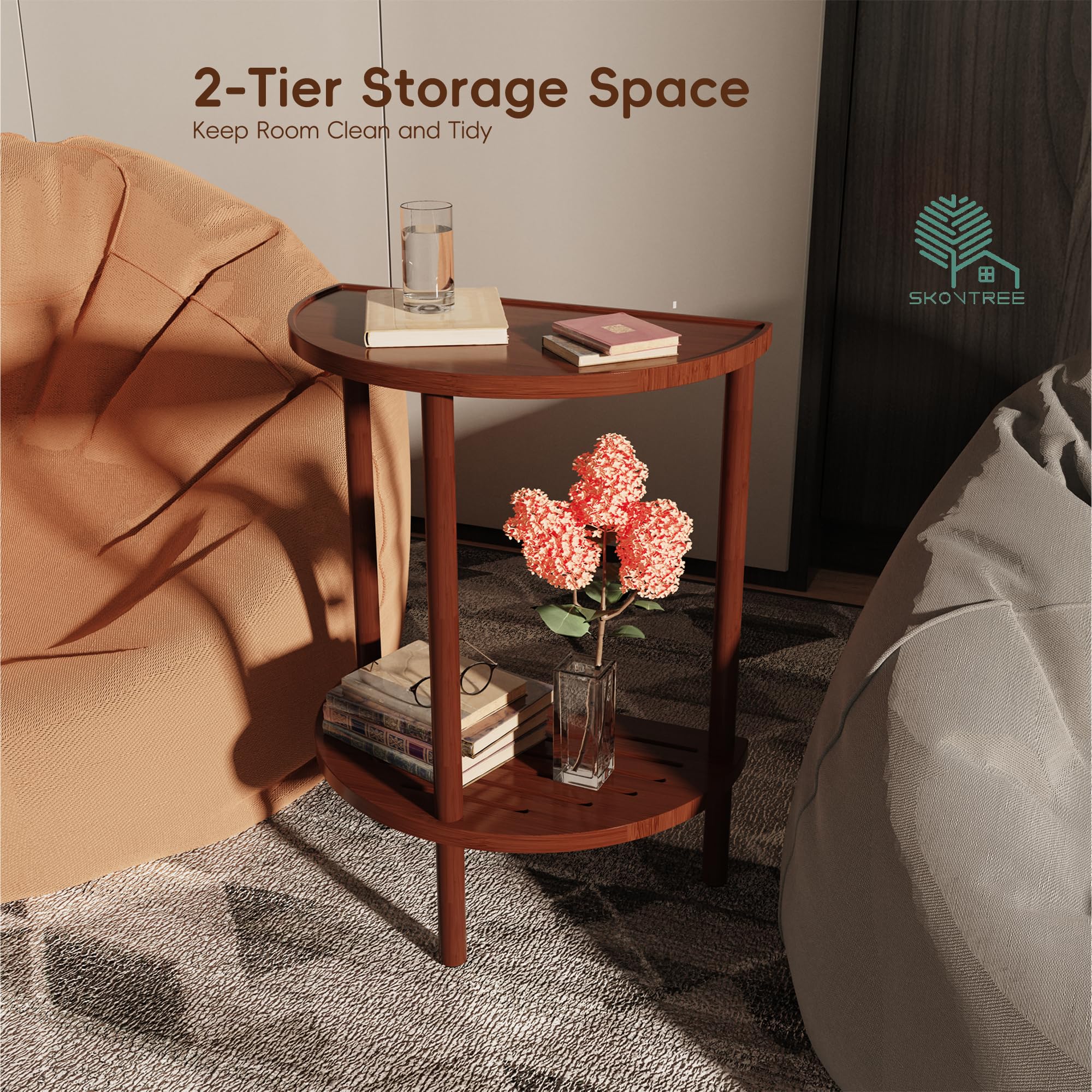 Skovtree End Table, Half Moon Side Tables, Living Room Half Round 2 Tier Tables, NightStand for Small Space in Living Room Bedroom, Couch Tables with Storage Shelf, Boho Side Table (Brown)