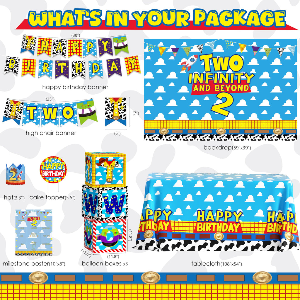 Two Infinity and Beyond Birthday Decorations Cartoon Story 2nd Birthday Party Supplies Include Balloon Arch Banner Backdrop Tablecloth Crown for Toy Themed Party Decor