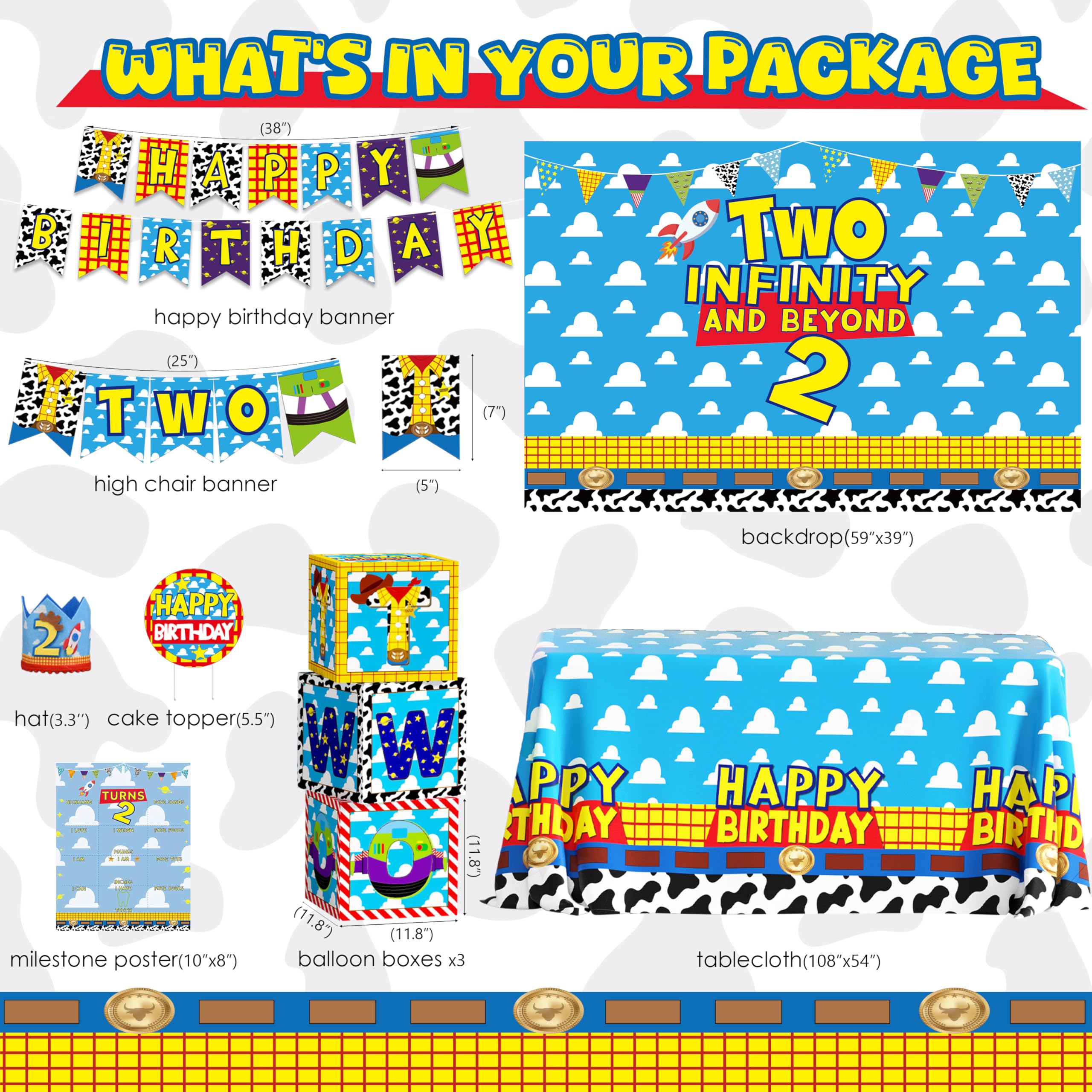Two Infinity and Beyond Birthday Decorations Cartoon Story 2nd Birthday Party Supplies Include Balloon Arch Banner Backdrop Tablecloth Crown for Toy Themed Party Decor