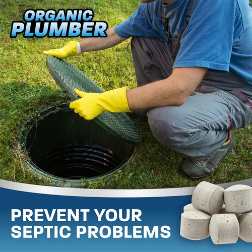 Organic Plumber Septic Tank Cleaner Treatment, Bacteria x Natural Enzyme Flushable Bio Tabs, Rid Sewage Waste & Clean Field System, 1 Year of Tablets