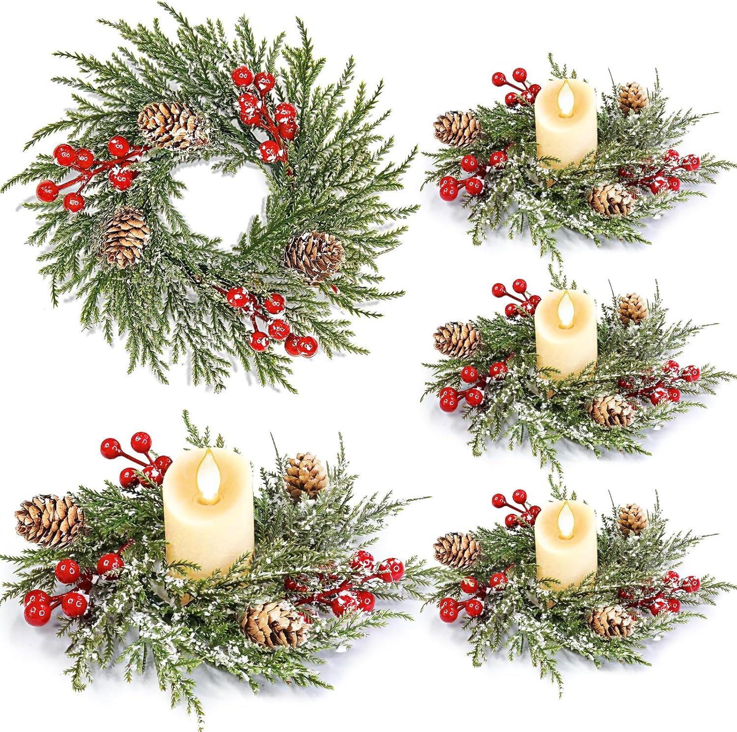Skiennix Mini Christmas Wreath Candle Rings - 4 Pack Snowy Cypress Decor | 9"x3.5" with 20 Branches, 21 Red Berries & 3 Pinecones