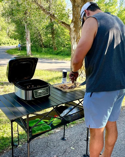 LET'S CAMP Folding Camping Table - Portable Aluminum Roll-Up Design with Adjustable Height & Large Storage Bag | Ideal for Picnics, BBQs, and Beach Outings