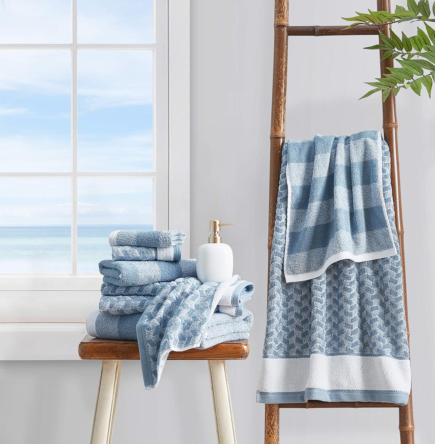 Nautica Bath Towel Set - Plush Cotton, Absorbent & Quick-Dry | Striped Americana Decor, Set of 6 in Oak Lake Blue